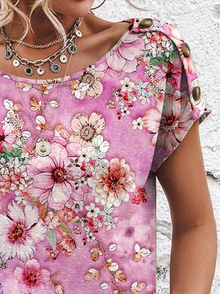 Dames T-shirt met bloemenprint, ronde hals, korte mouwen en decoratieve knoopjes van katoen