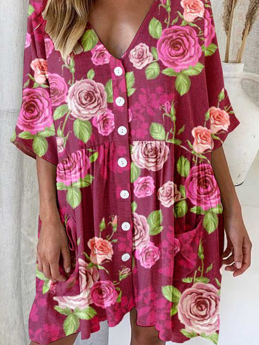 Elegante V-hals cardigan met rozenmotief voor dames, jurk van katoen en linnen