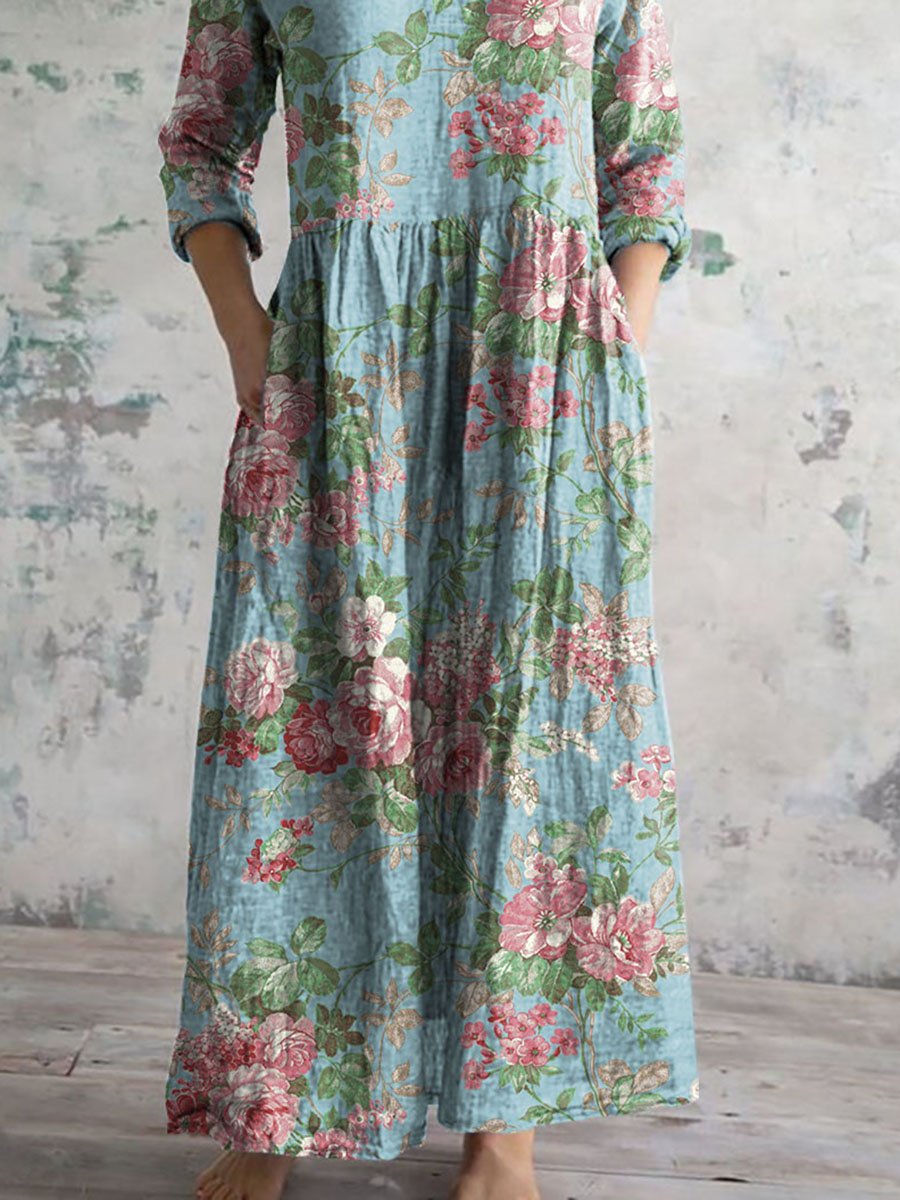 Damklänning med vintagetryck och blommigt tryck i bomull