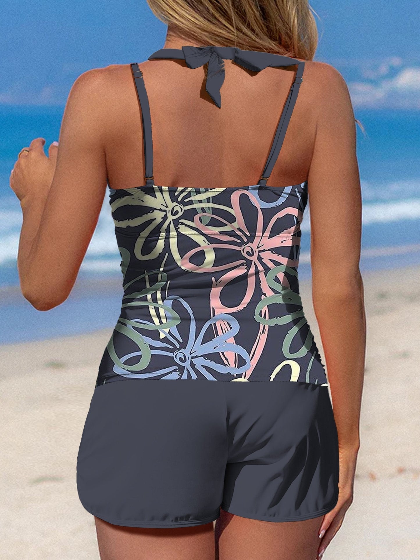 Lien Bloemenprint Halter Patchwork Mid Waisted Tankini Korte Set Badpak