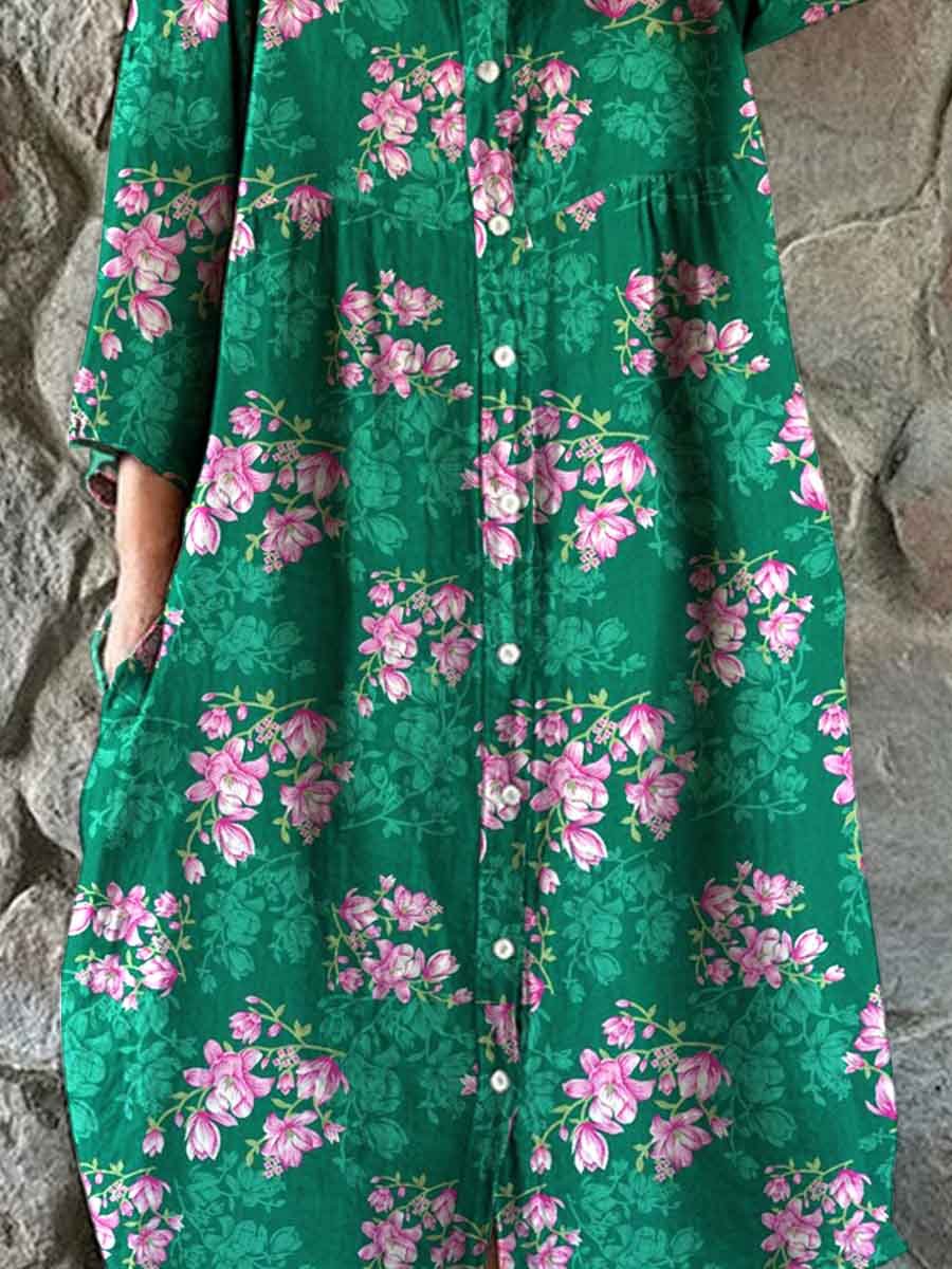 Elegante, eenvoudige katoenen en linnen jurk met bloemenpatroon voor dames