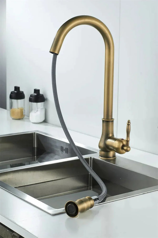 Antique Brass Pull-Out Kitchen Faucet | Stylish and Functional Upgrade