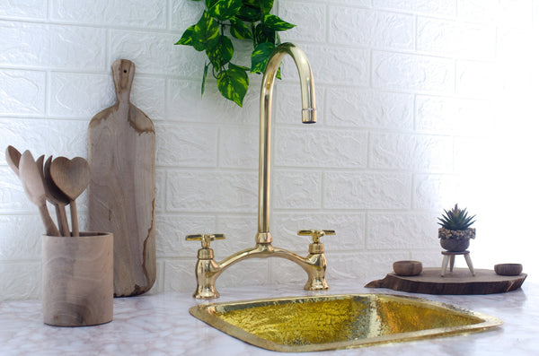 Brass Kitchen Sink Faucet: Unlacquered Brass Bridge Design