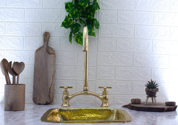 Brass Kitchen Sink Faucet: Unlacquered Brass Bridge Design