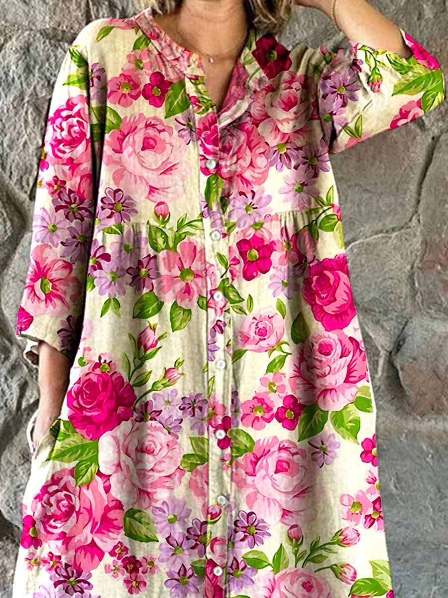 Elegante katoenen en linnen jurk met bloemenmotief en zakken voor dames 