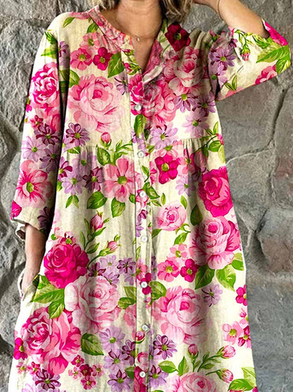 Elegante katoenen en linnen jurk met bloemenmotief en zakken voor dames 