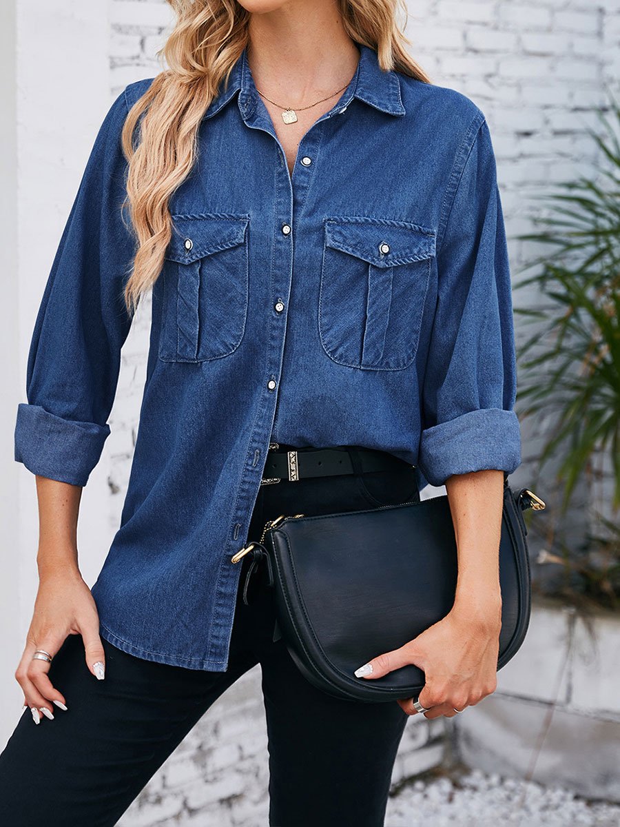 Klassisk tvättad denimskjorta för kvinnor 