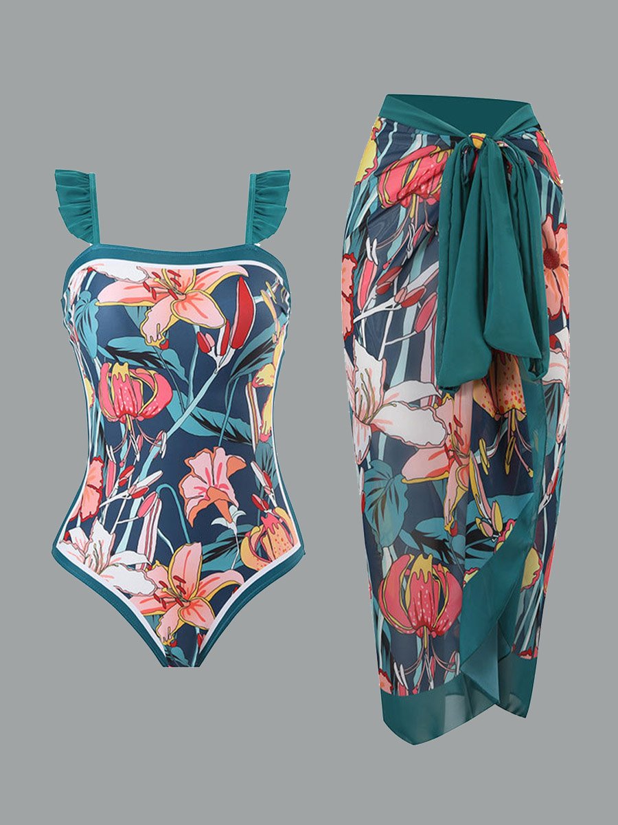 Dames badpak retro bedrukte chiffon maxi rok 