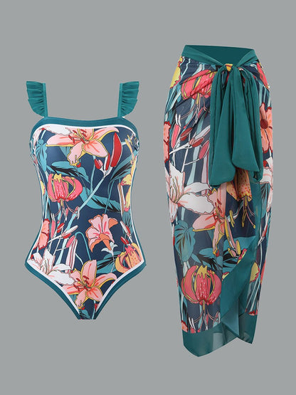 Dames badpak retro bedrukte chiffon maxi rok 