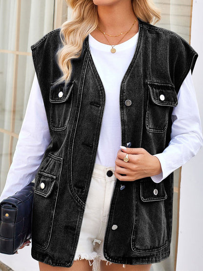 Dames denim vest met meerdere zakken en slijtage 