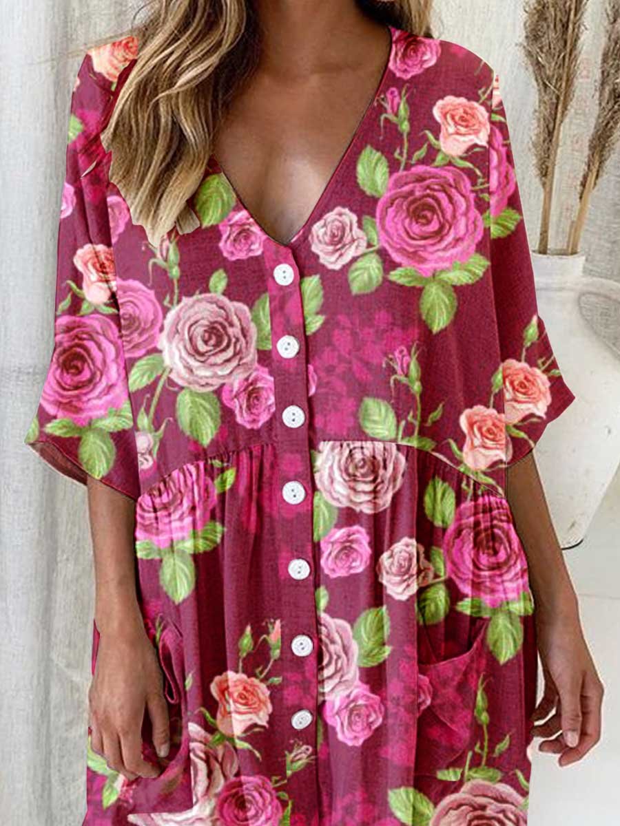 Elegante V-hals cardigan met rozenmotief voor dames, jurk van katoen en linnen 