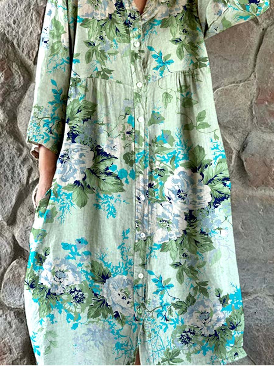 Elegant enkel skjorta i bomull och linne med rosmönster och blommönster för kvinnor 