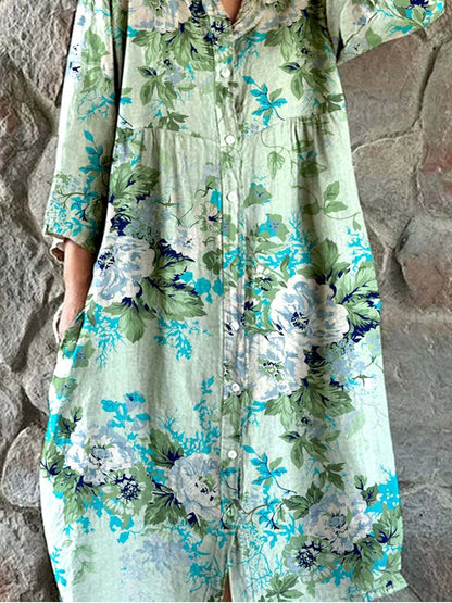 Elegant enkel skjorta i bomull och linne med rosmönster och blommönster för kvinnor 