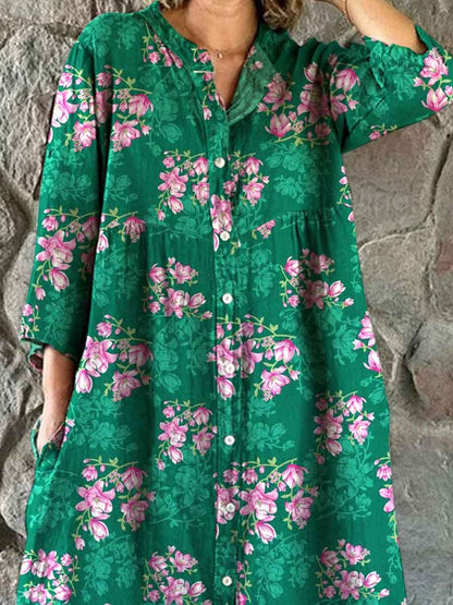 Elegante, eenvoudige katoenen en linnen jurk met bloemenpatroon voor dames 