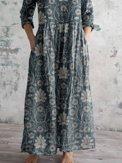 Elegant damklänning i bomull och linne med blommönster och fickor, vintagestil 