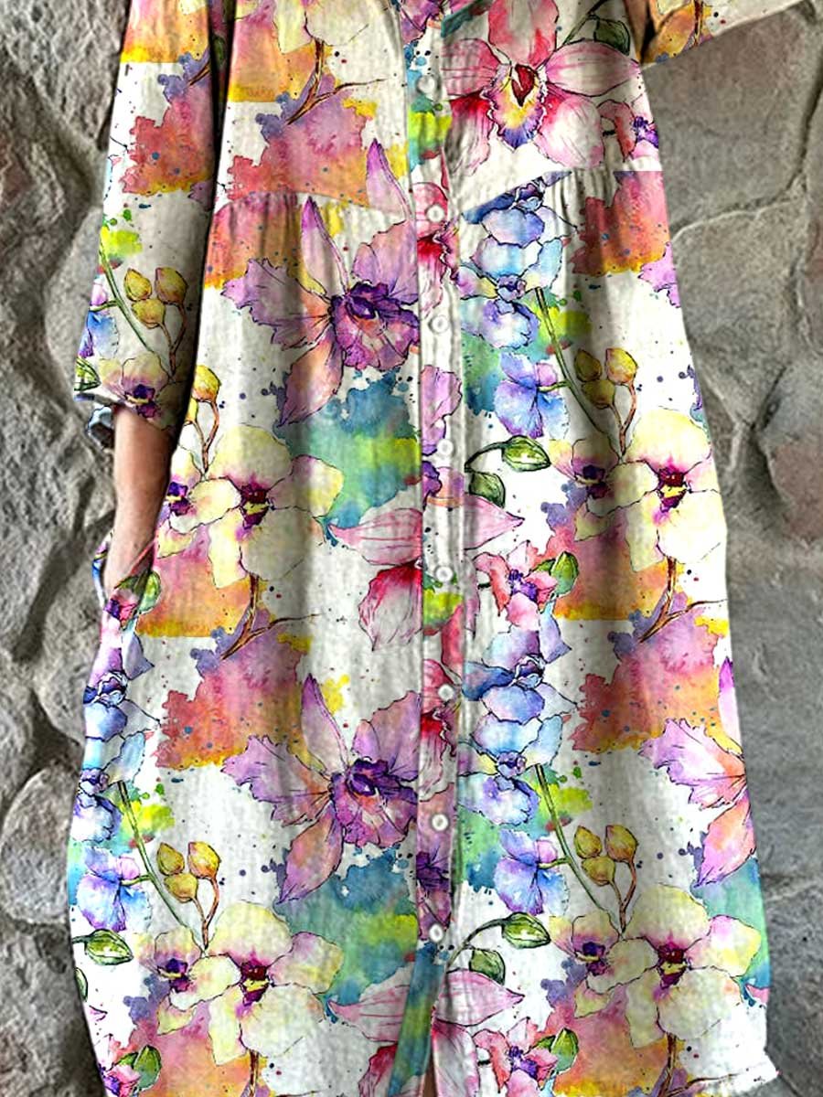 Dames aquarel bloemenpatroon shirt katoen en linnen jurk met zakken 