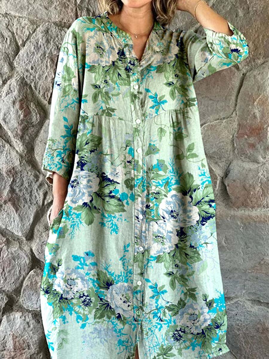 Elegant enkel skjorta i bomull och linne med rosmönster och blommönster för kvinnor 