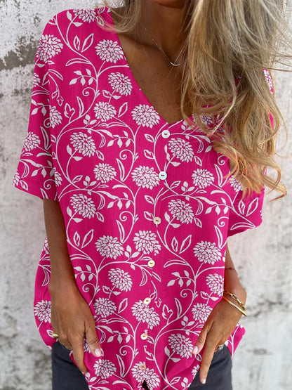Elegante, eenvoudige V-hals cardigan met bloemenpatroon voor dames, top van katoen en linnen 