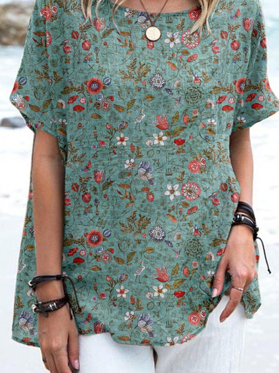 Elegant topp i bomull och linne med vallmomotiv och blommönster för kvinnor 
