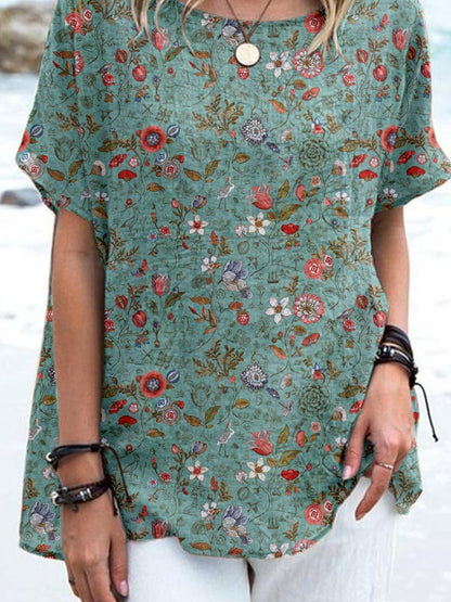 Elegant topp i bomull och linne med vallmomotiv och blommönster för kvinnor 