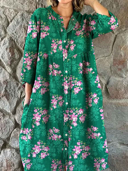 Elegante, eenvoudige katoenen en linnen jurk met bloemenpatroon voor dames 