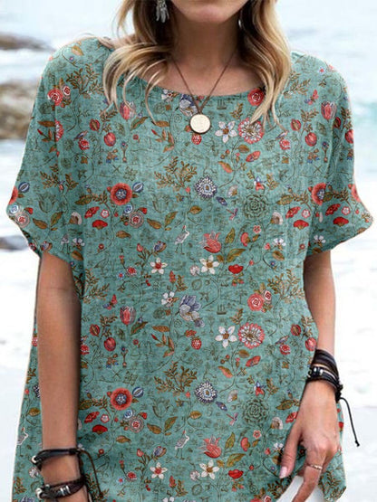 Elegant topp i bomull och linne med vallmomotiv och blommönster för kvinnor 
