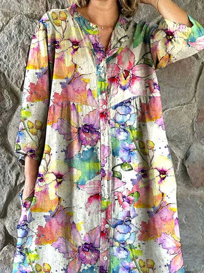 Dames aquarel bloemenpatroon shirt katoen en linnen jurk met zakken 