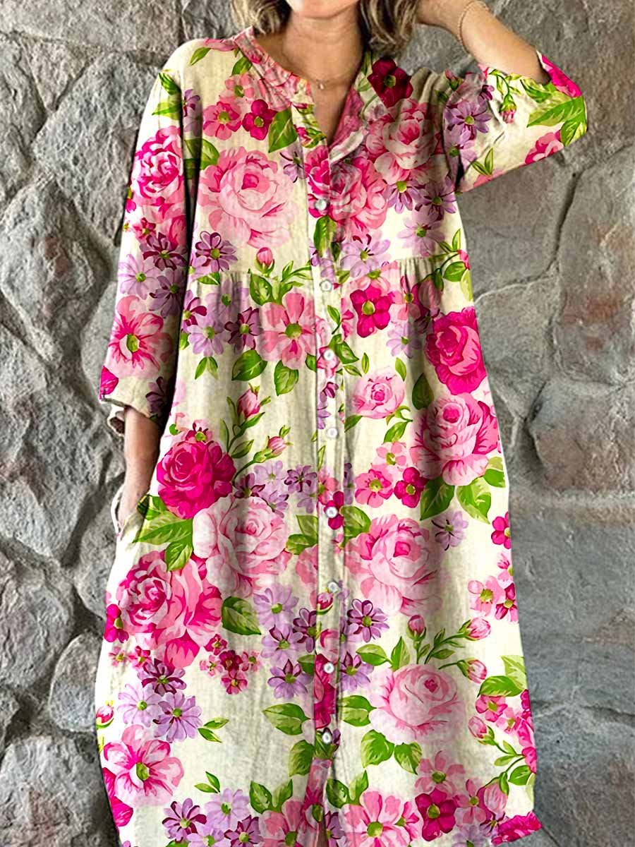 Elegante katoenen en linnen jurk met bloemenmotief en zakken voor dames 