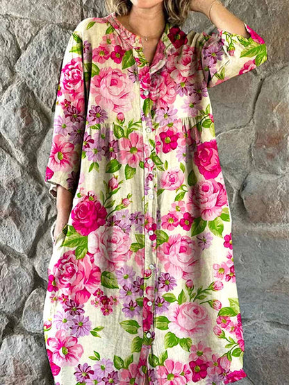 Elegante katoenen en linnen jurk met bloemenmotief en zakken voor dames 