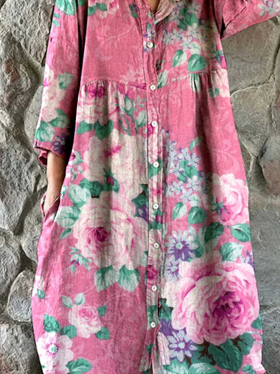 Elegant enkel skjorta i bomull och linne med rosmönster och blommönster för kvinnor 