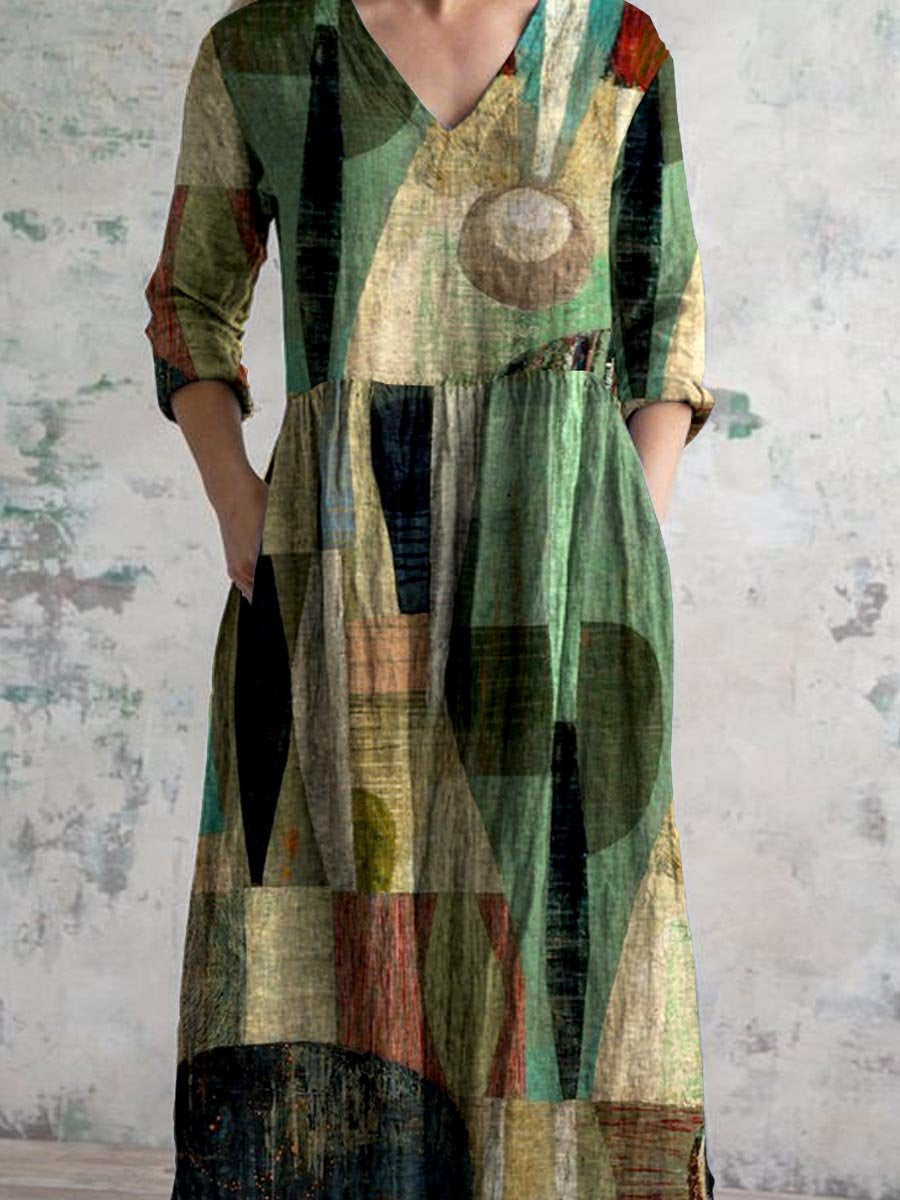 Retro elegante geometrische V-hals jurk van katoen en linnen voor dames met zakken 