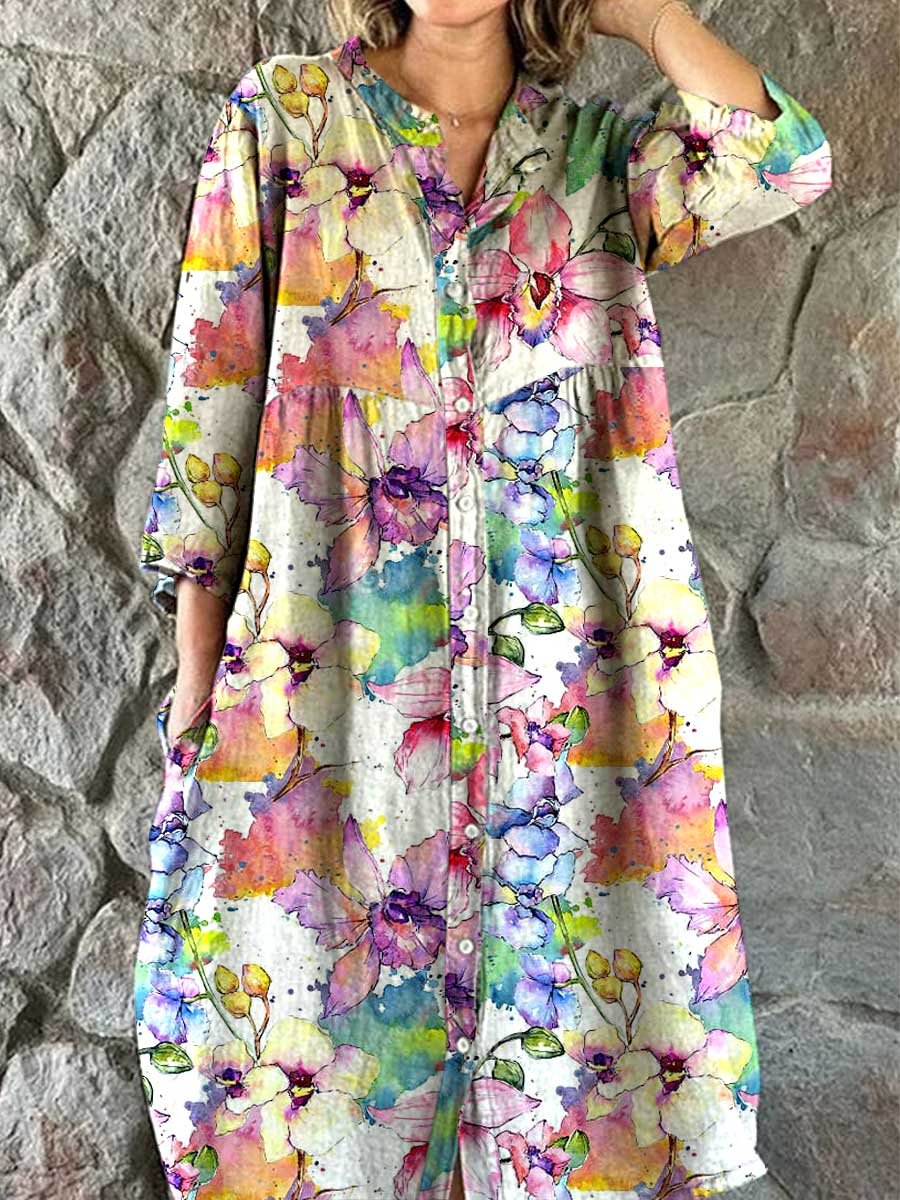 Dames aquarel bloemenpatroon shirt katoen en linnen jurk met zakken 
