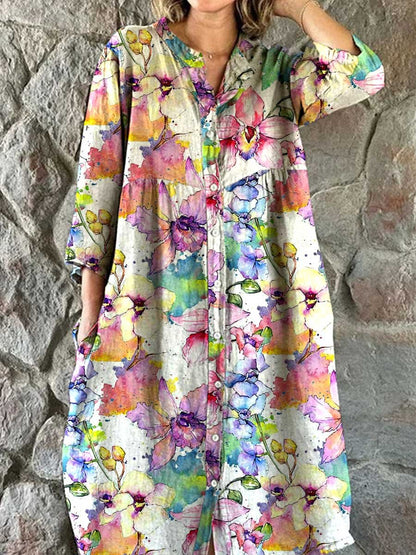 Dames aquarel bloemenpatroon shirt katoen en linnen jurk met zakken 
