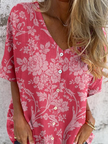 Elegante, eenvoudige V-hals cardigan met bloemenpatroon voor dames, top van katoen en linnen 