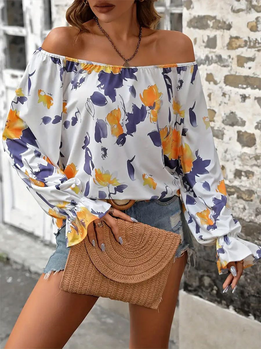 Dames T-shirt met off-shoulder print en lotusmouwen 