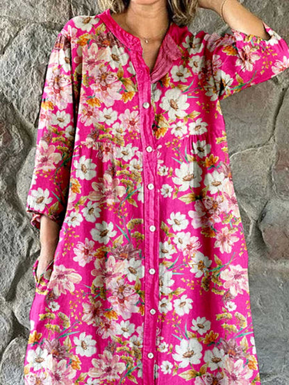 Skjortaklänning i bomull och linne med blommönster för kvinnor 