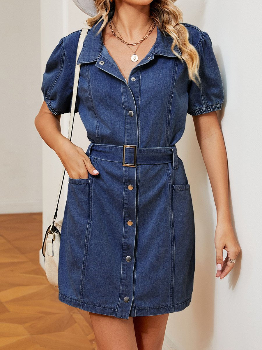 Dames gewassen denim jurk met riem 