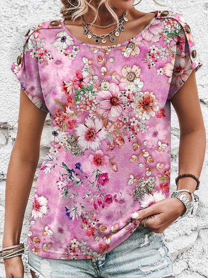 Dames T-shirt met bloemenprint, ronde hals, korte mouwen en decoratieve knoopjes van katoen 