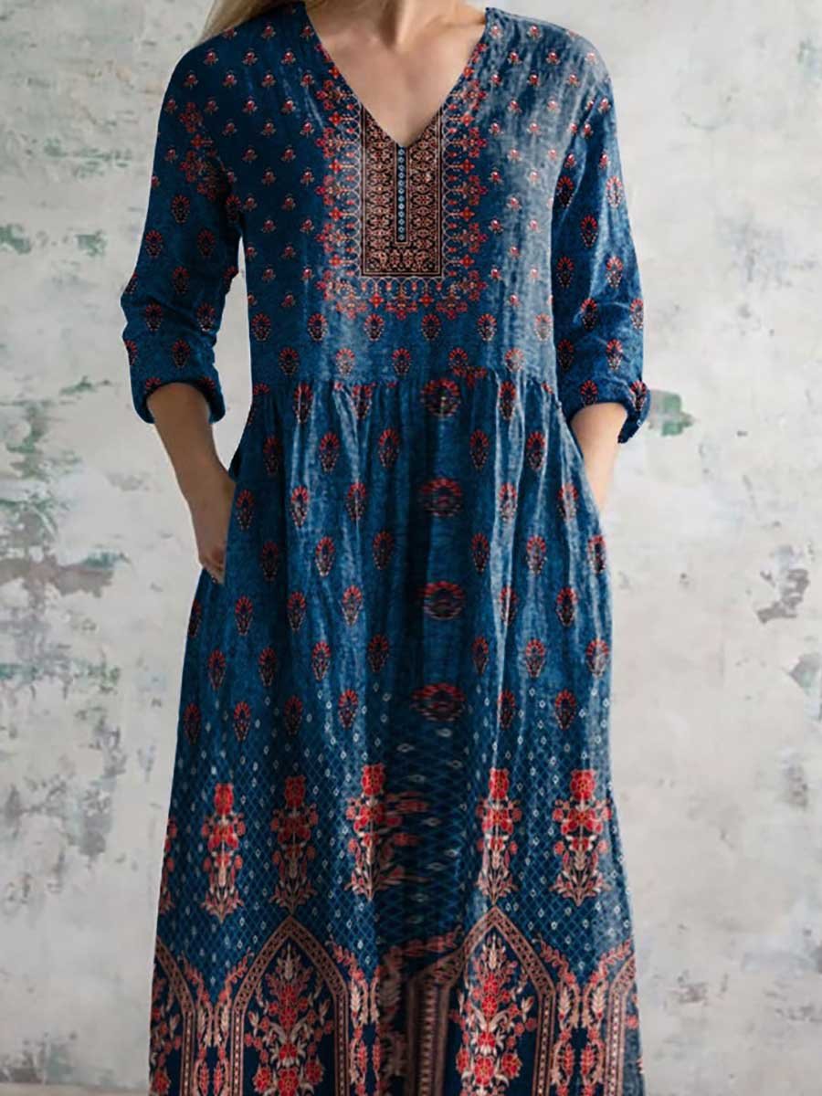 Retro etnische stijl bedrukte casual katoenen jurk voor dames 