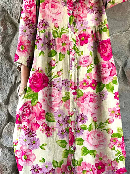 Elegante katoenen en linnen jurk met bloemenmotief en zakken voor dames 