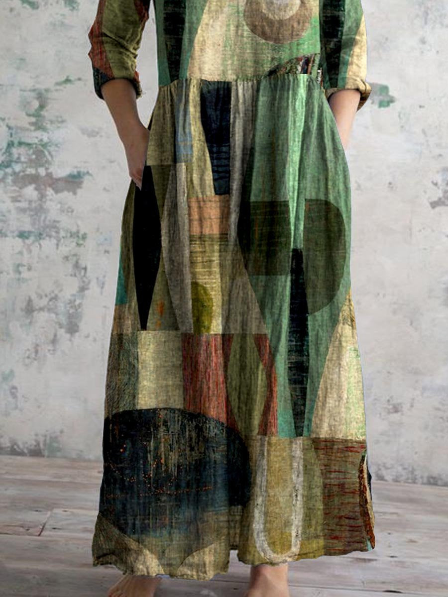 Retro elegante geometrische V-hals jurk van katoen en linnen voor dames met zakken 