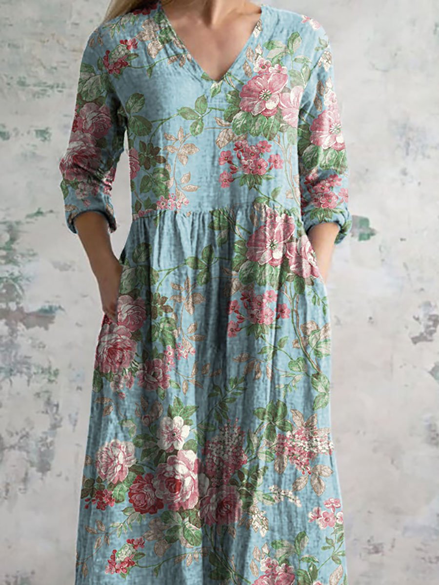 Damklänning med vintagetryck och blommigt tryck i bomull 