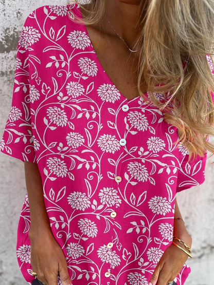 Elegante, eenvoudige V-hals cardigan met bloemenpatroon voor dames, top van katoen en linnen 