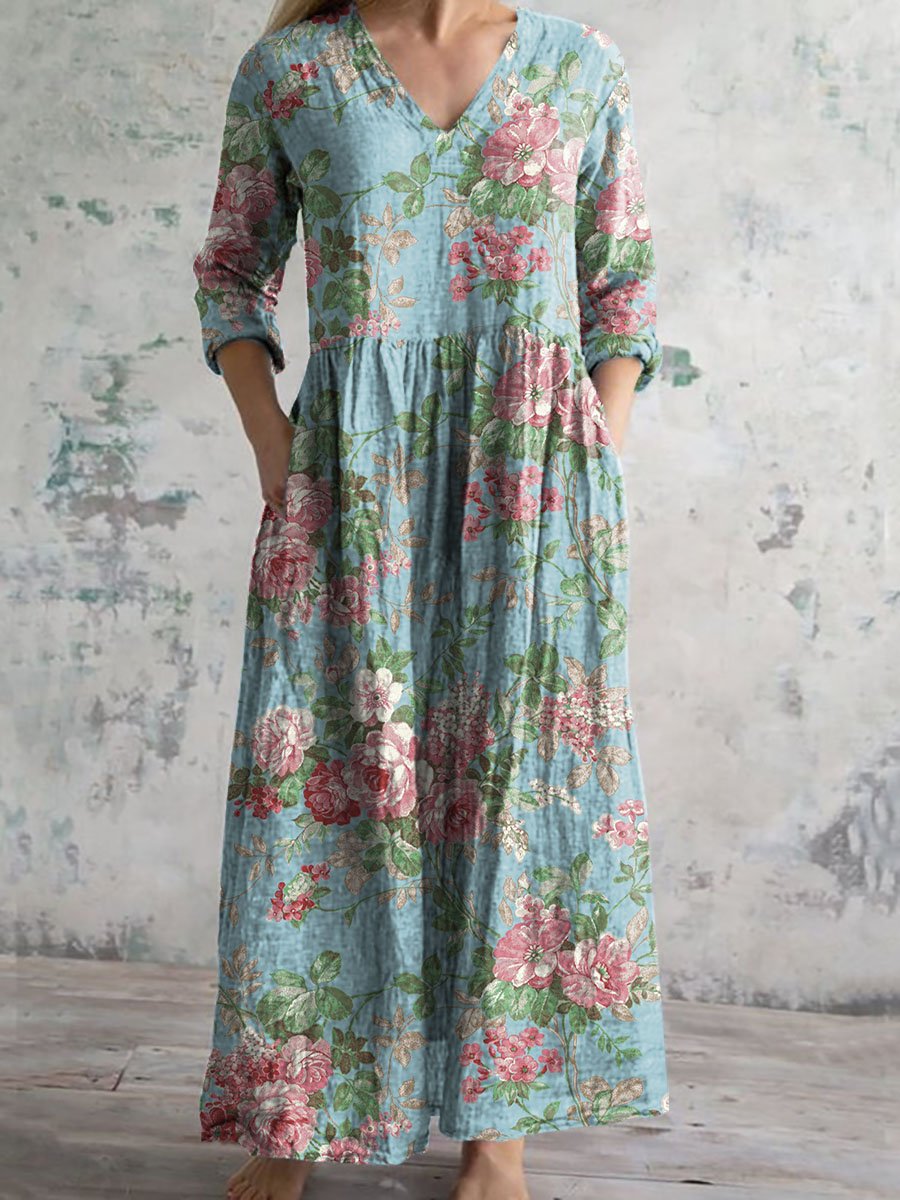 Damklänning med vintagetryck och blommigt tryck i bomull 