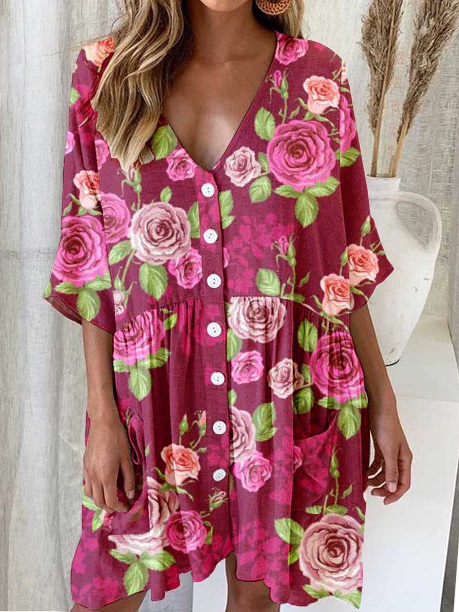 Elegante V-hals cardigan met rozenmotief voor dames, jurk van katoen en linnen 