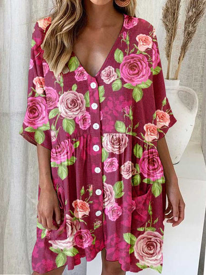 Elegante V-hals cardigan met rozenmotief voor dames, jurk van katoen en linnen 