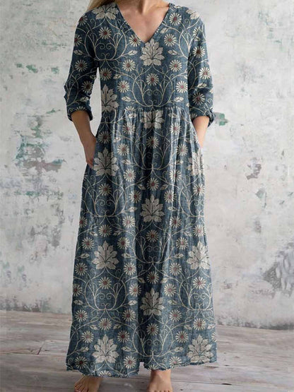 Elegant damklänning i bomull och linne med blommönster och fickor, vintagestil 