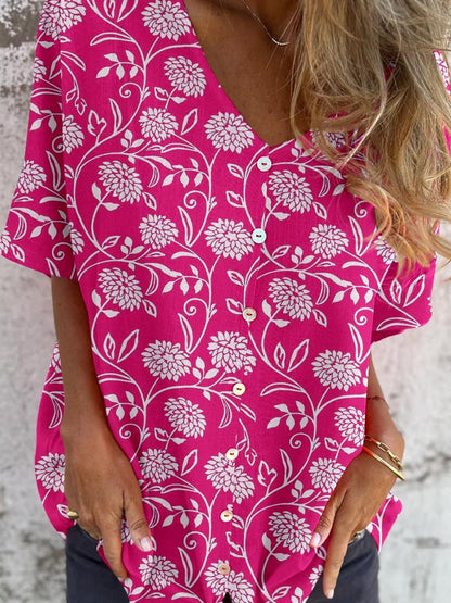 Elegante, eenvoudige V-hals cardigan met bloemenpatroon voor dames, top van katoen en linnen 