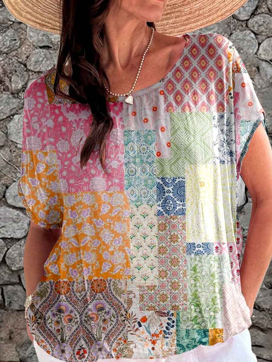 Damestop met geometrische print en pastorale print 
