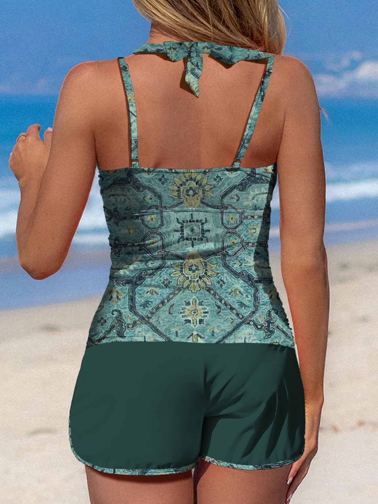 Mörkcyan symmetriskt mönstertryck med halterneck och lapptäcke, medellång midja, tankini-kort set 